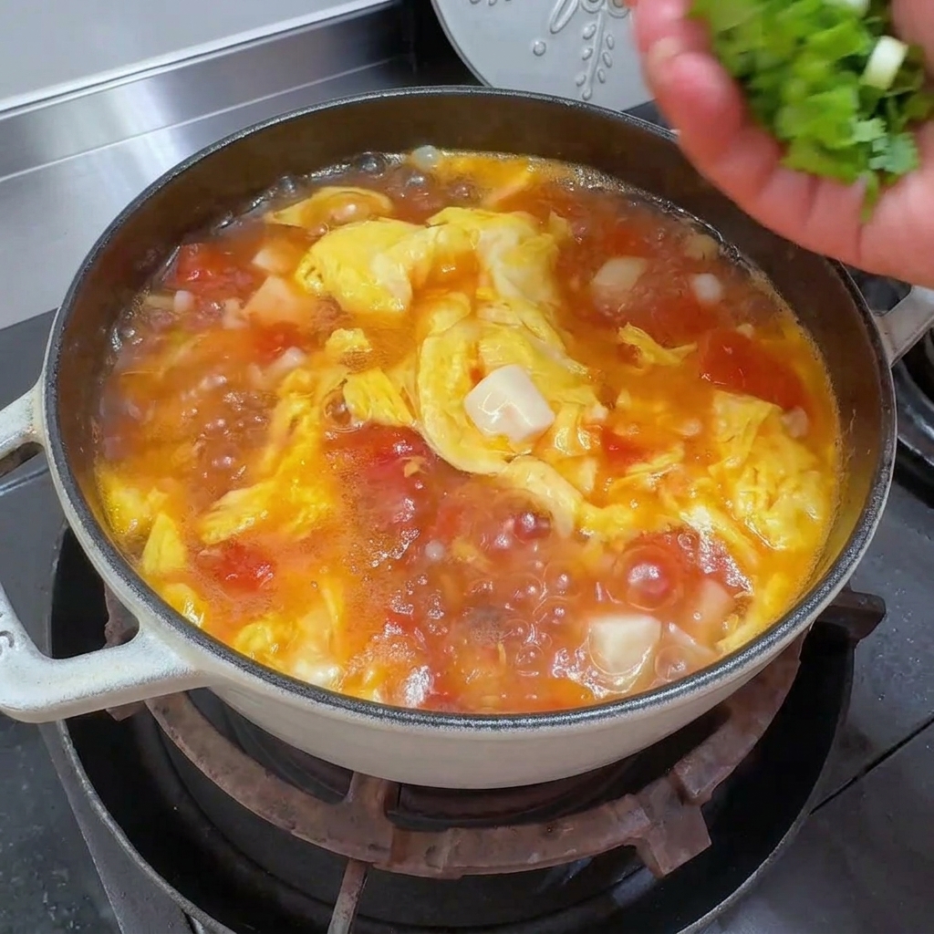 Eine Nahaufnahme von frischen, grünen Korianderblättern, die über einen blubbernden Topf mit Tomaten-, Tofu- und Eierstichsuppe gestreut werden.