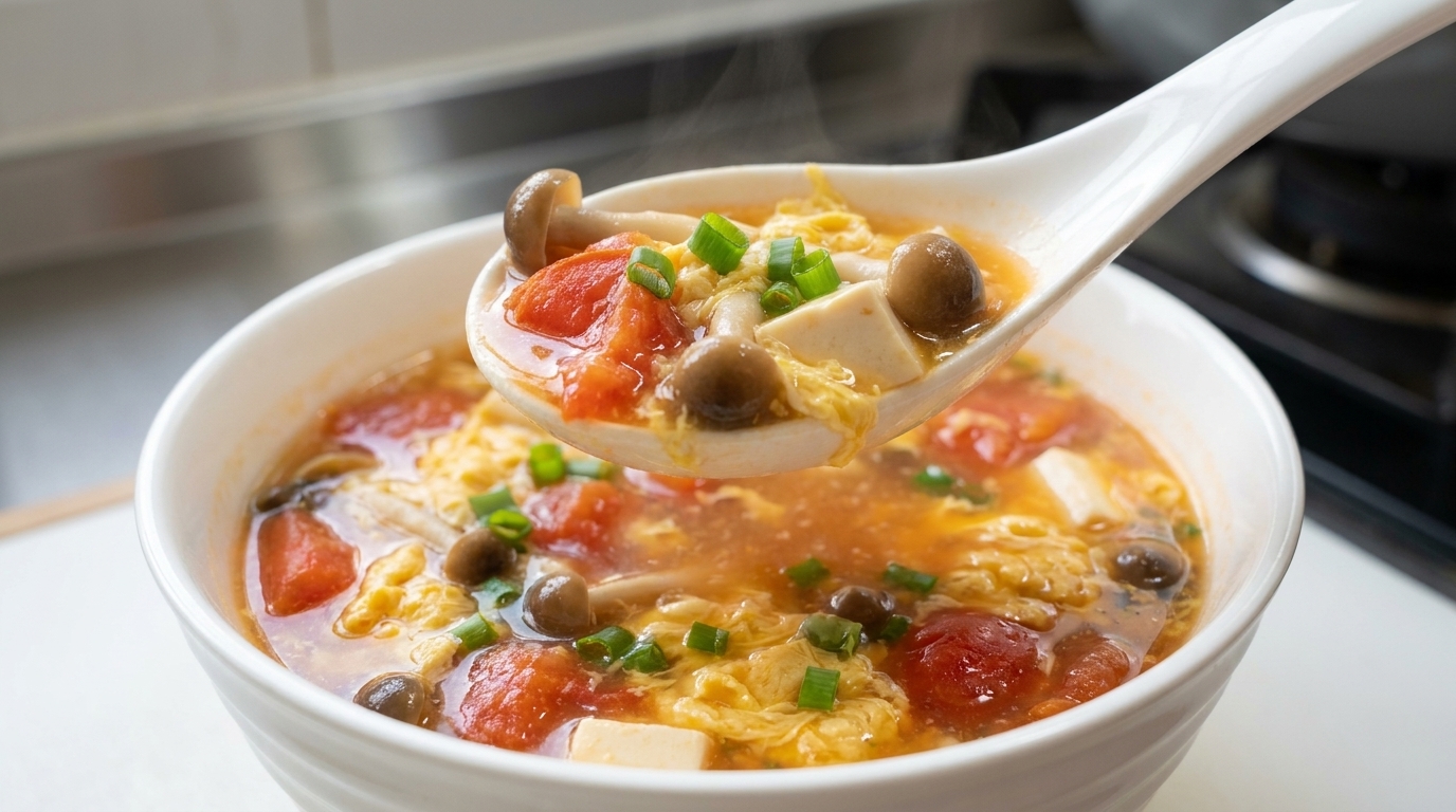 Eine dampfende Schüssel Tomaten-Pilz-Suppe mit Eierstich, reichlich Seidentofu und frischen Frühlingszwiebeln.