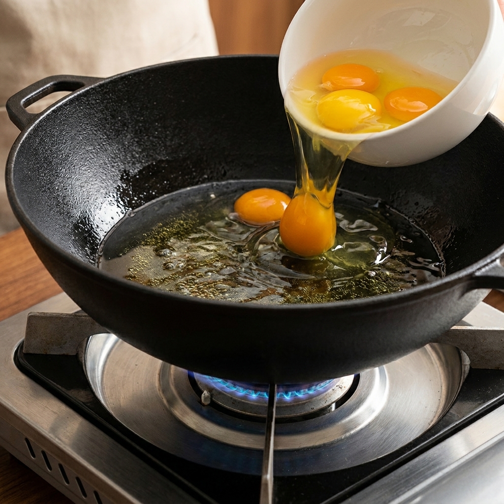Eier werden in eine heiße gusseiserne Pfanne gegossen, um goldbraun zu braten.