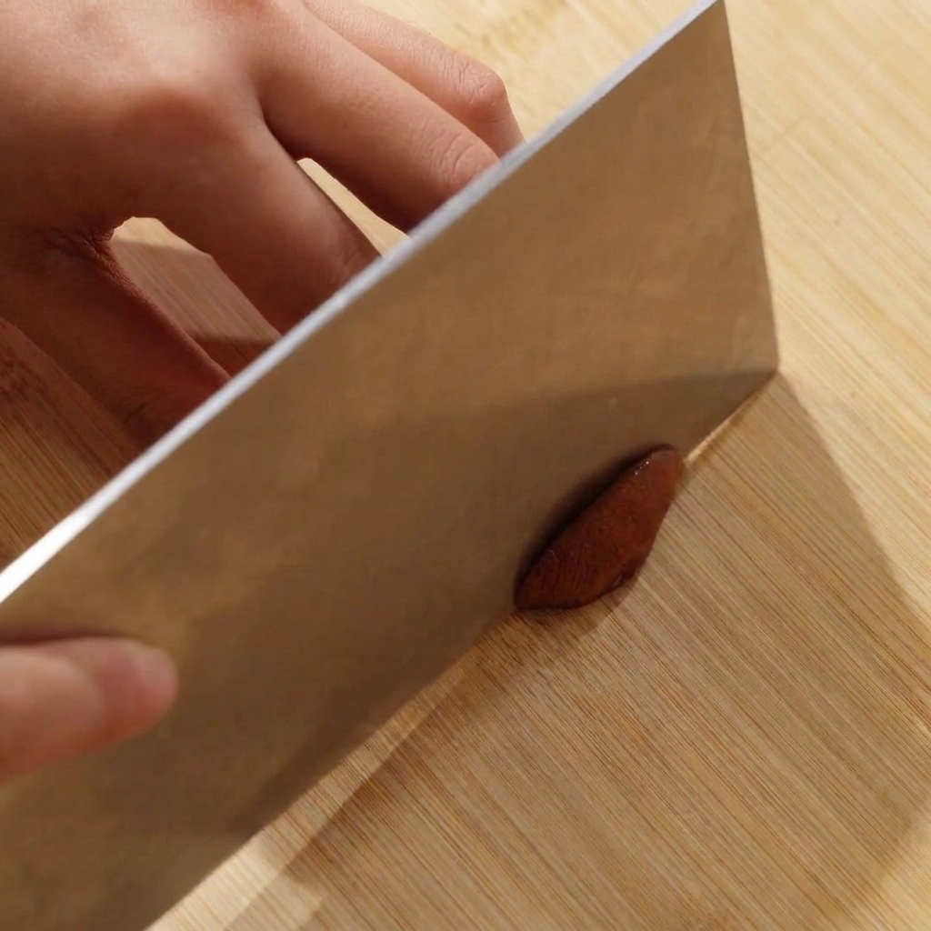 Frische Shiitake-Pilzkappen, die auf einem Holzschneidebrett geschnitten werden.