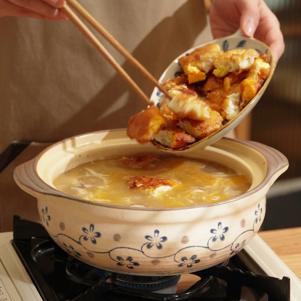 Goldbraune gebratene Eistückchen, die in einen Tontopf mit köchelnder Pilz-Tofu-Brühe gegeben werden.