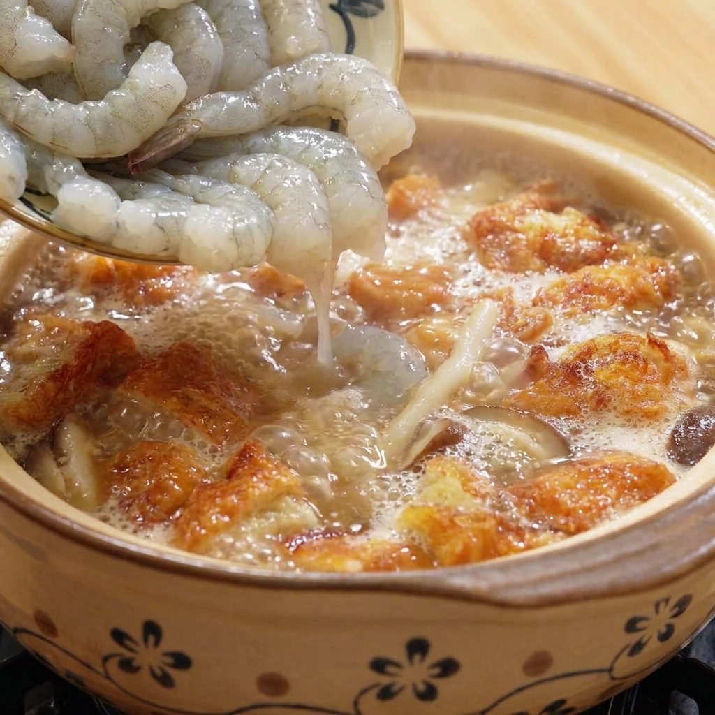 Rohe, geputzte Garnelen werden in den Tontopf mit Pilzen, Tofu und gebratenen Eistückchen gegeben.