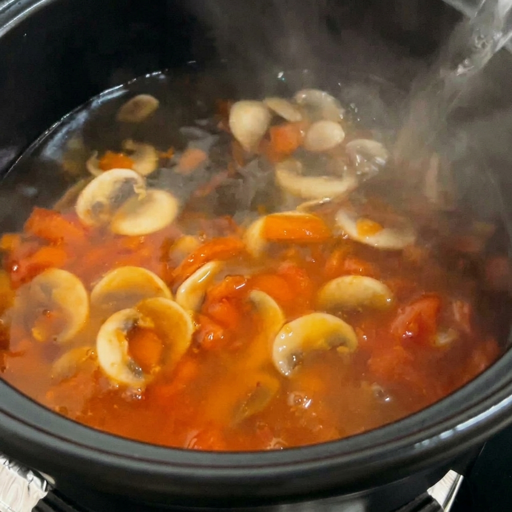 Kochendes Wasser wird in den Topf zur Tomaten-Pilz-Mischung gegossen.