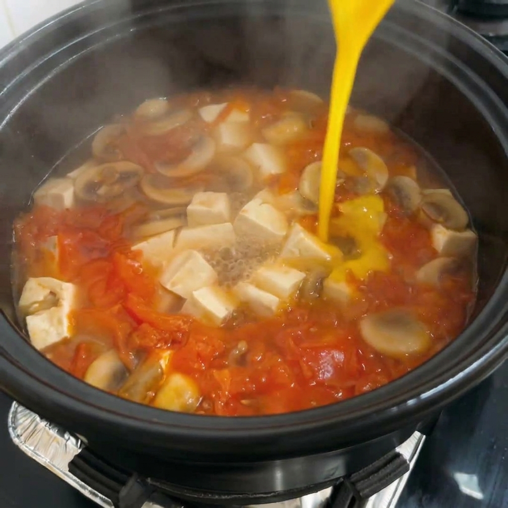 Verquirltes Ei wird in die köchelnde Suppe gegeben und bildet feine Fäden.