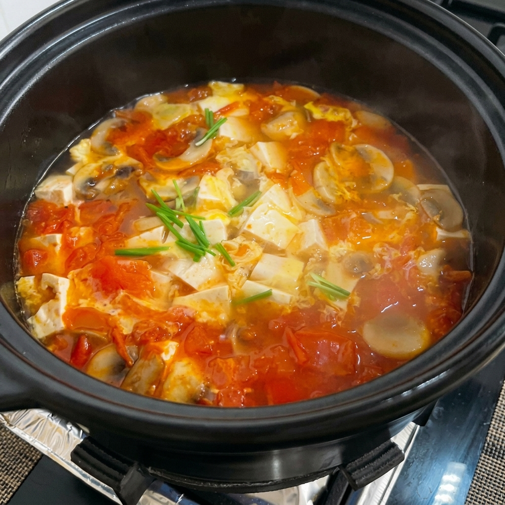 Nahaufnahme, wie Salz in die köchelnde Tomaten-Tofu-Suppe gestreut wird.