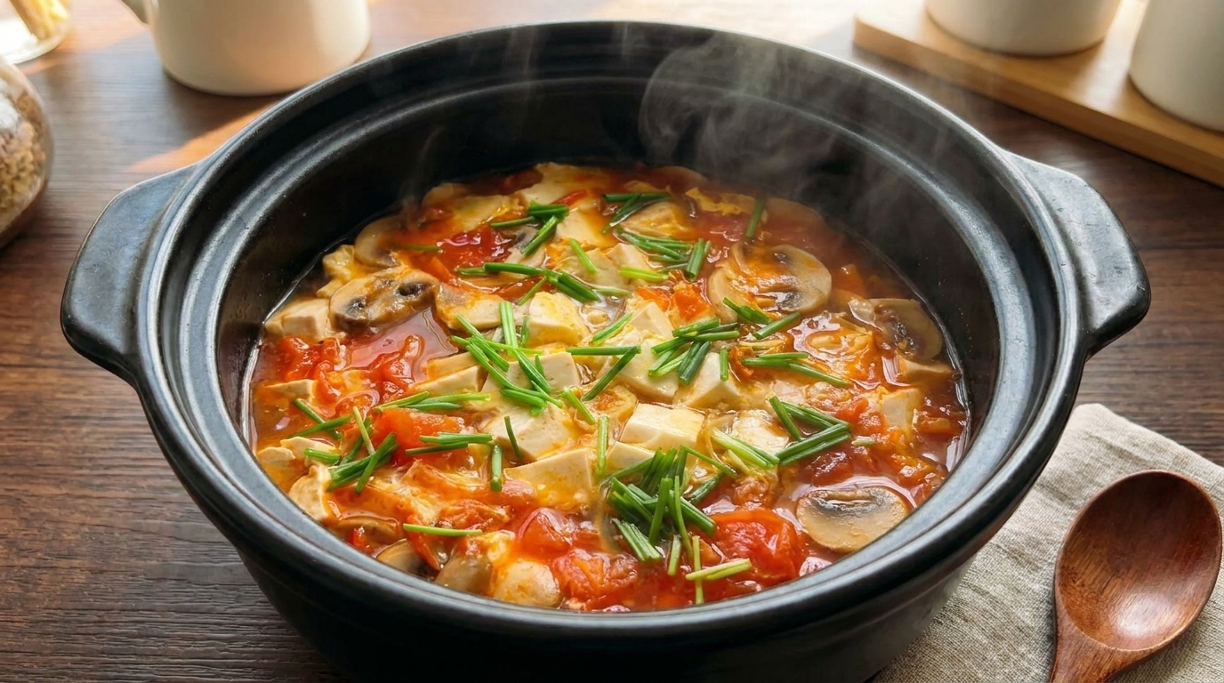 Herzhafte Tomaten-Pilz-Tofu-Suppe