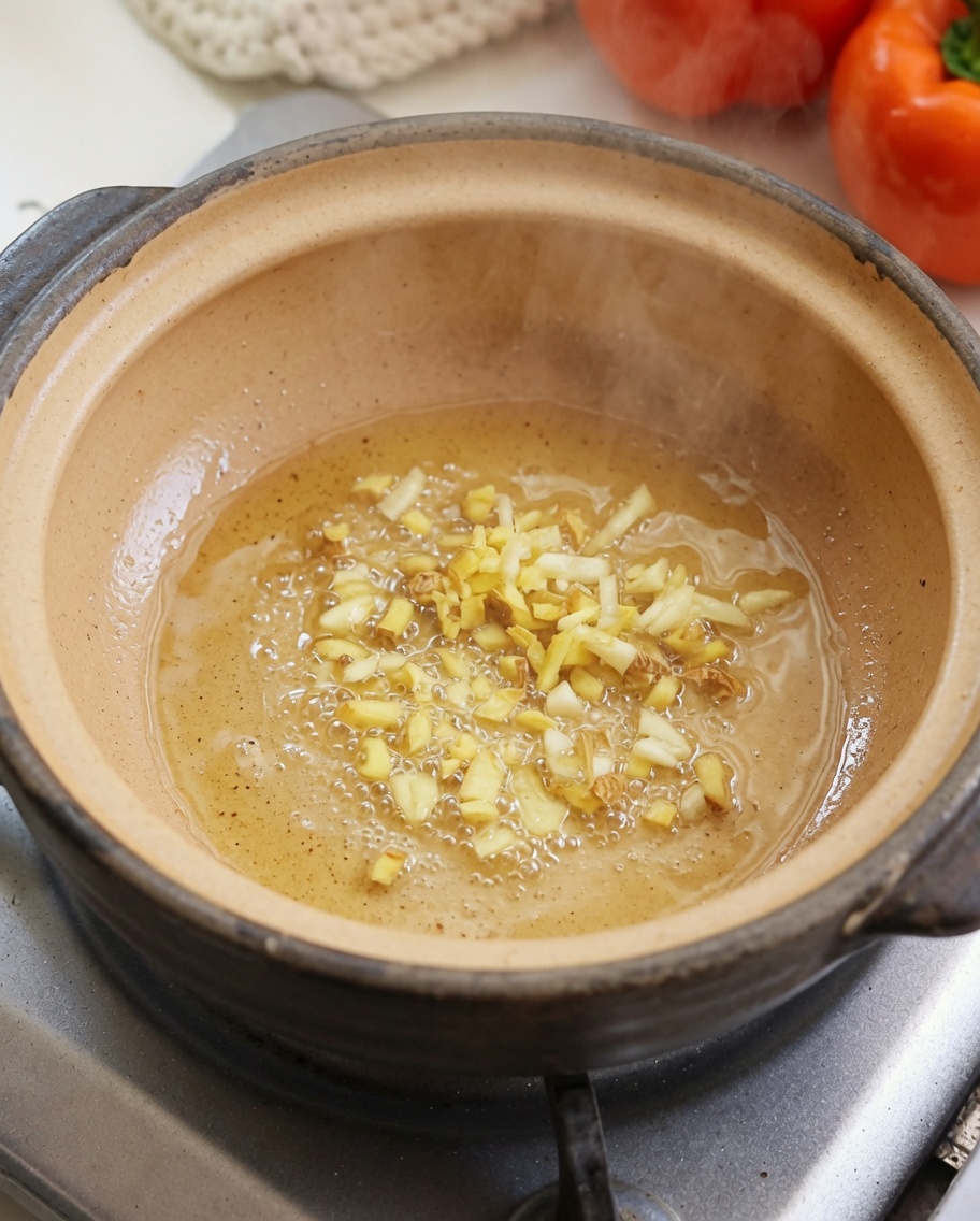 Gehackter Ingwer und Knoblauch brutzeln in einem Tontopf mit Öl.