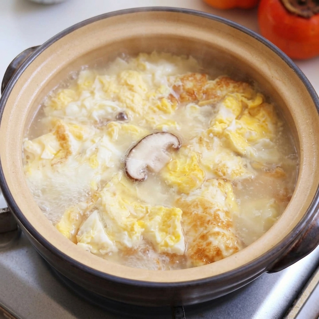 Shiitake-Pilze, Tofu und Muscheln köcheln in der Brühe.