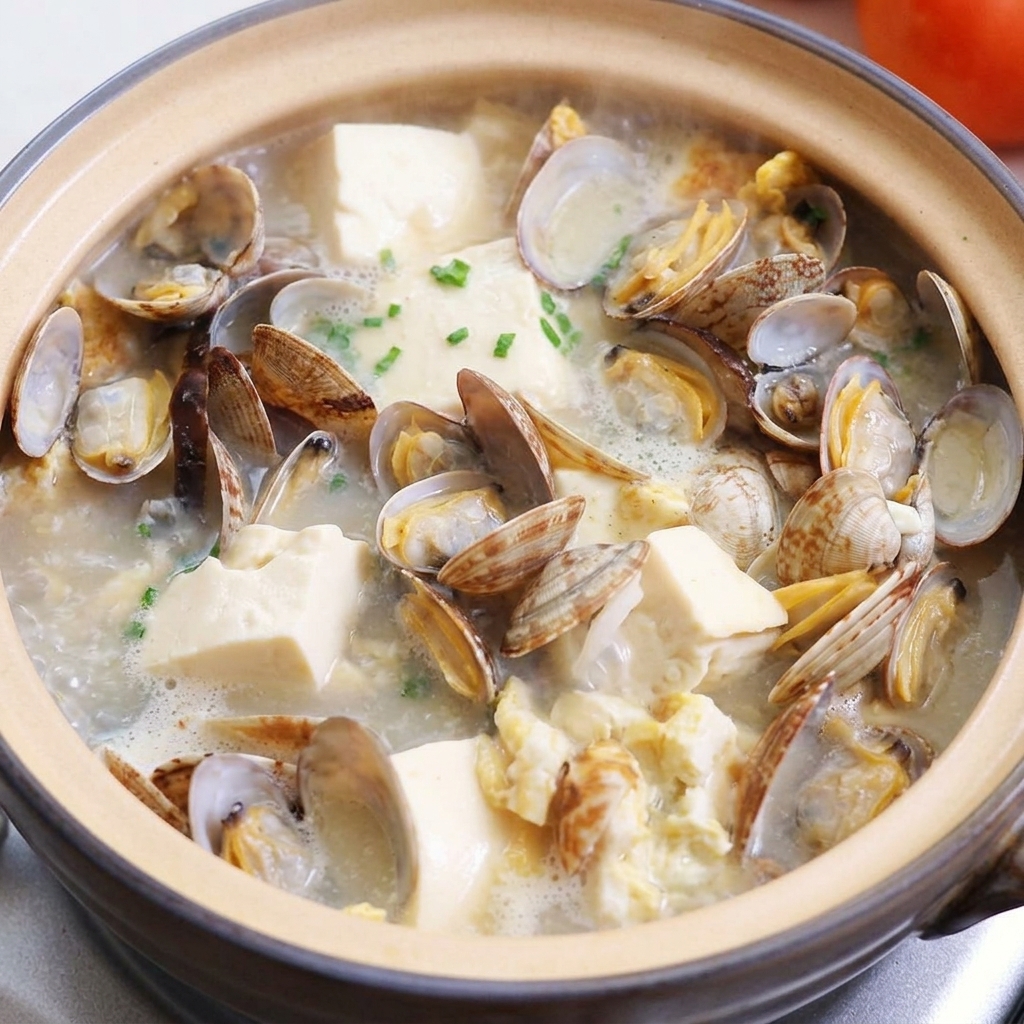 Fertige Muschel-Tofu-Suppe garniert mit Frühlingszwiebeln und Koriander.