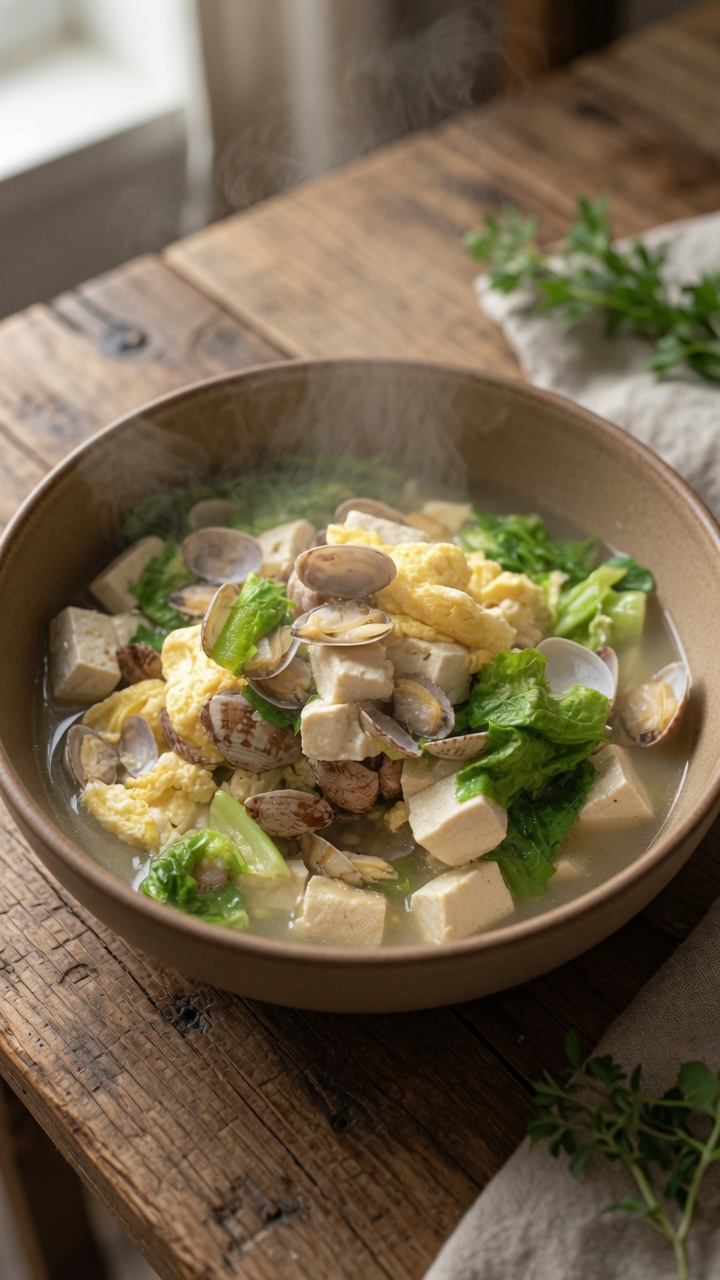 Eine Schüssel warmer Muschel-Tofu-Eintopf mit zartem Tofu, flauschigen Eiern und frischen Muscheln in einer herzhaften Brühe.