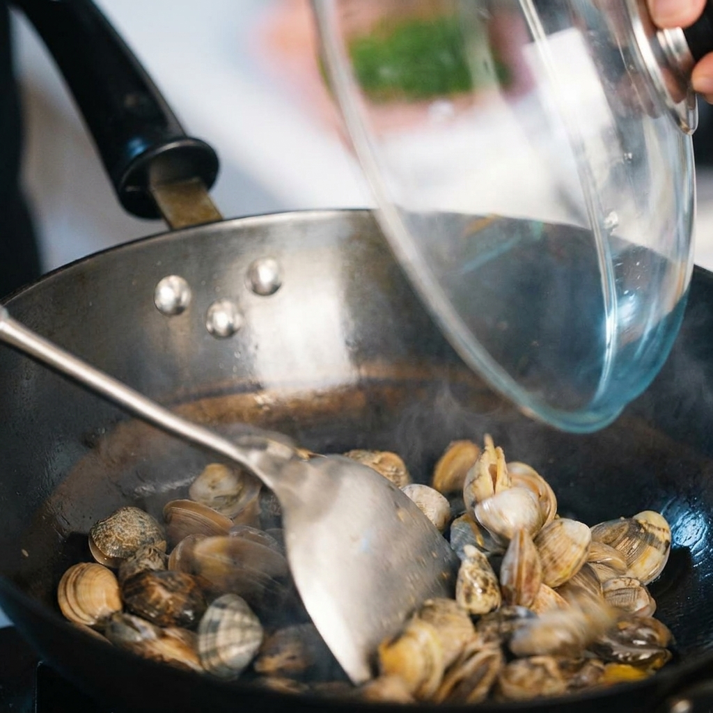 Frische Muscheln werden zu den Aromaten in die Pfanne gegeben.