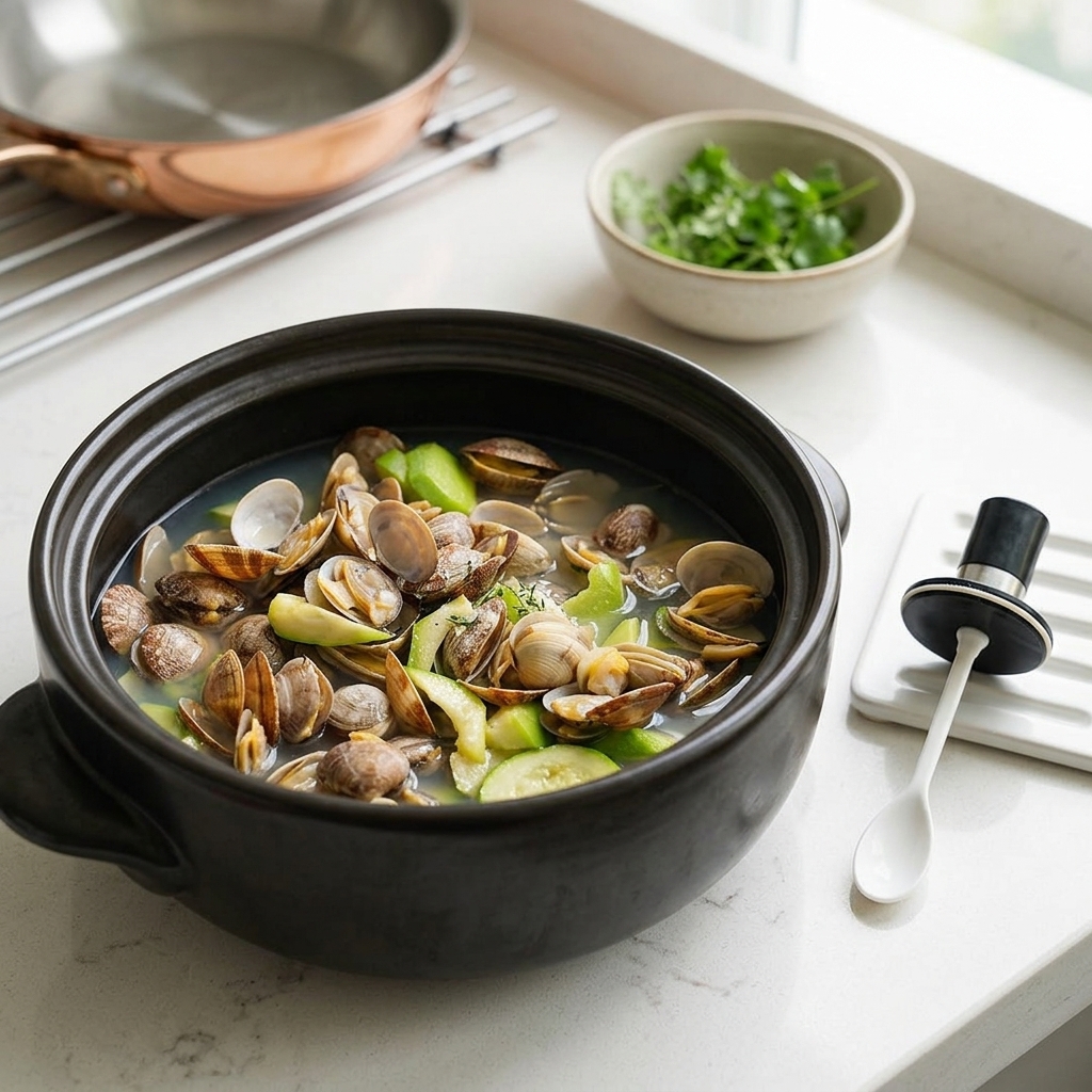 Die Suppe im Tontopf wird mit Salz gewürzt.