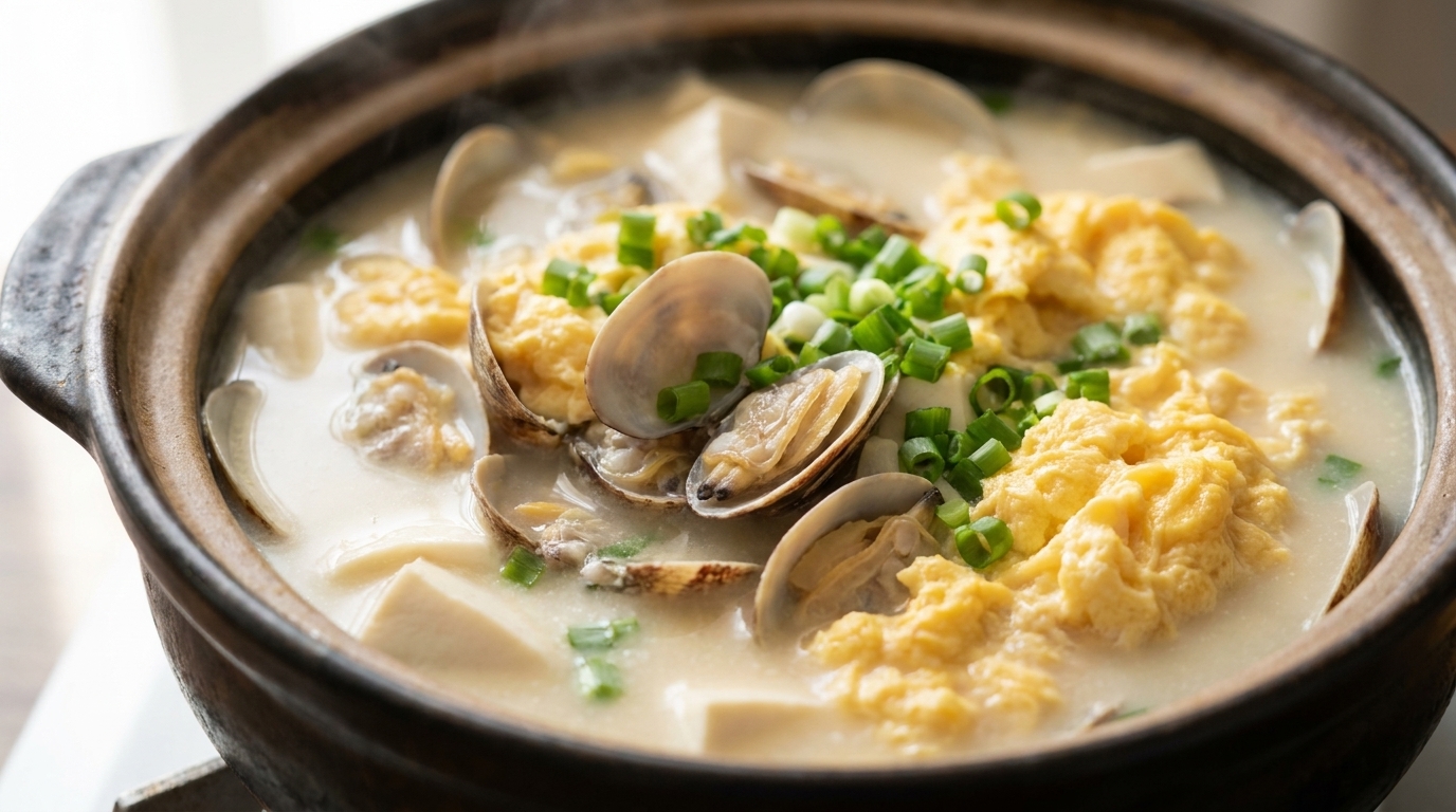 Milchige Muschel-, Ei- und Tofu-Suppe