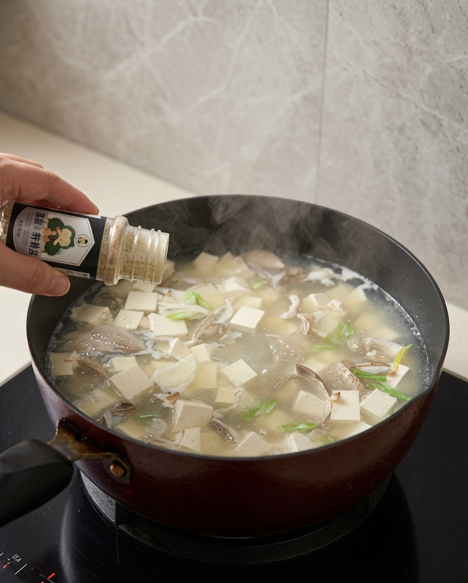 Hühnerbrühepulver wird mit einem kleinen Löffel zur Suppe hinzugefügt.