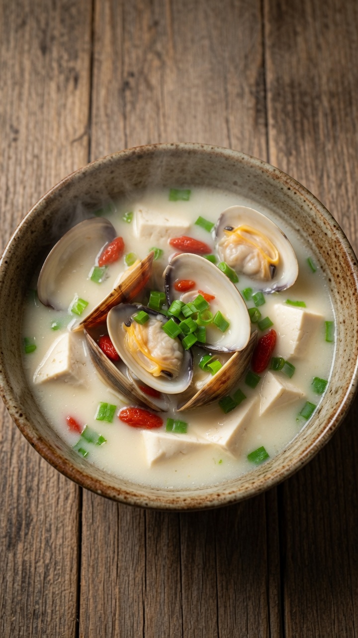 Cremige Fischsuppe mit Zackenbarsch, Venusmuscheln und Tofu