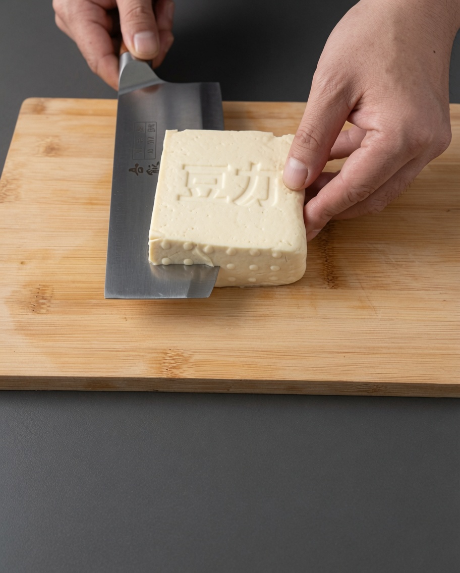 Ein Block fester Tofu wird auf einem Holzbrett in gleichmäßige Würfel geschnitten.