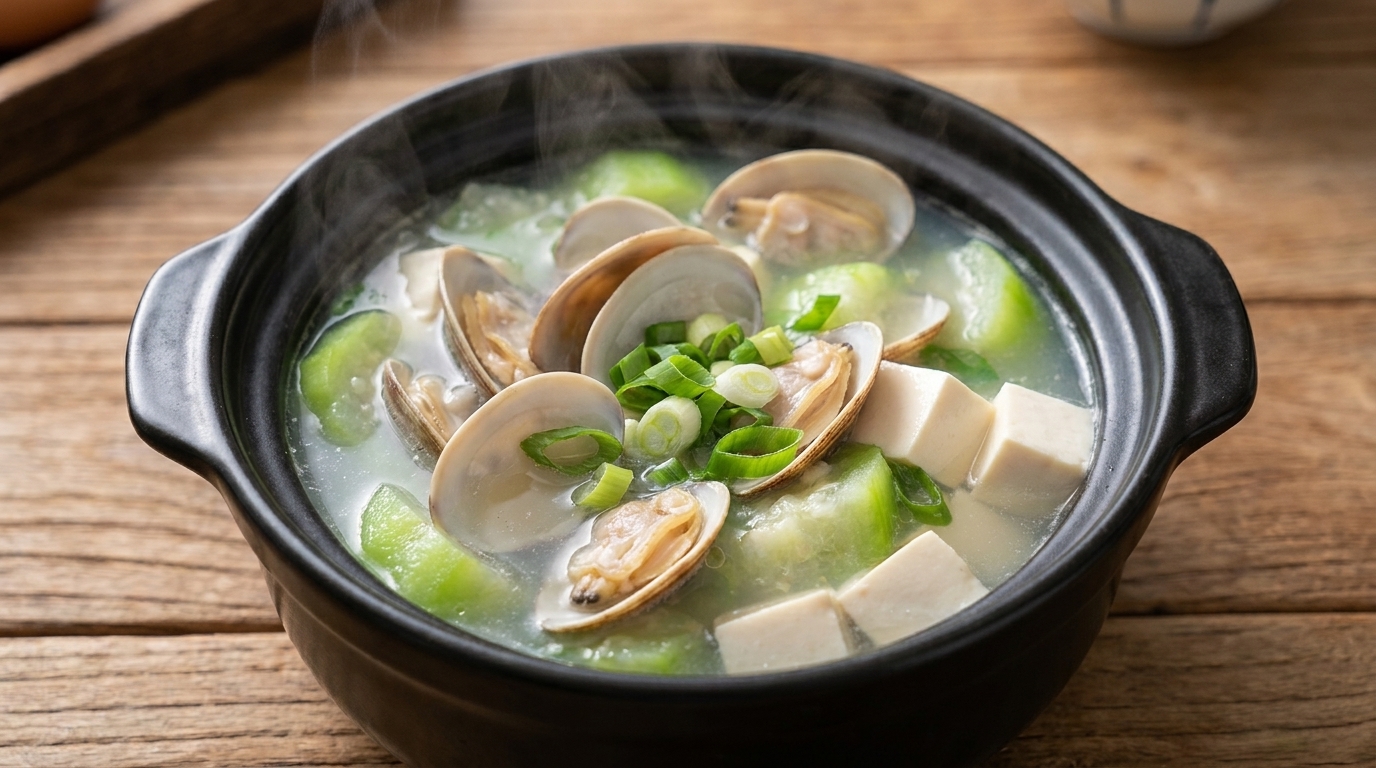 Eine dampfende Schale Luffa-Suppe mit klarer Brühe, frischen Muscheln, weichem Tofu und zarten Luffa-Stücken.