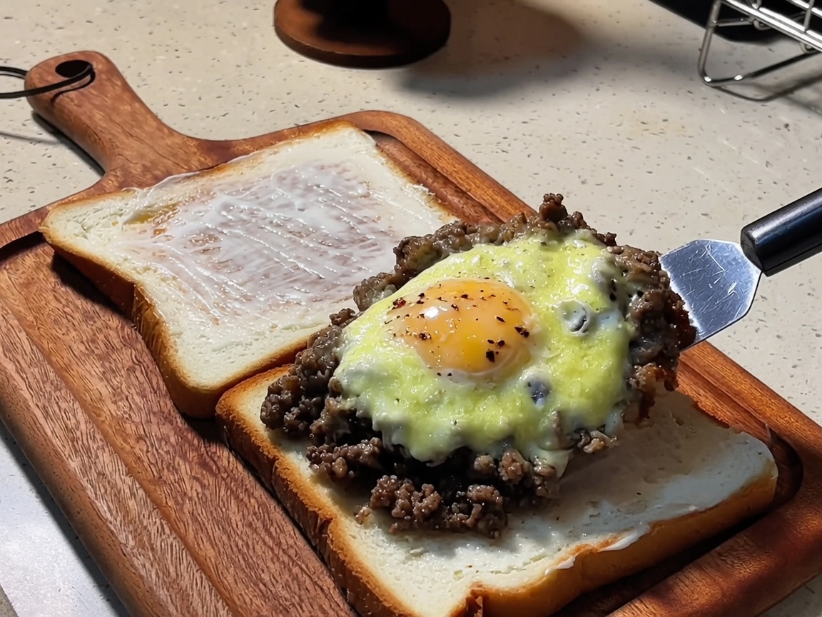 Ein Pfannenwender hebt die Fleisch-Ei-Käse-Mischung auf das Brot.
