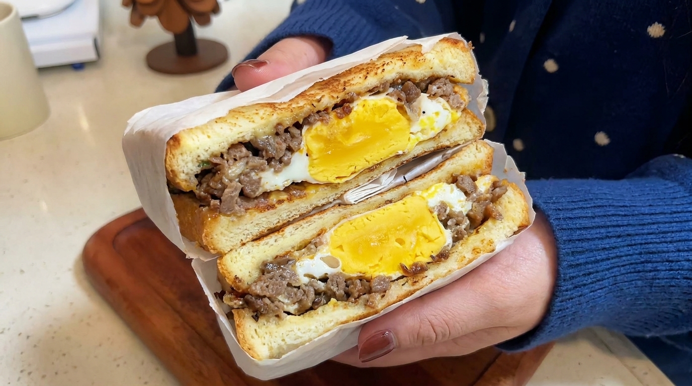 Herzhaftes Frühstückssandwich mit Rinderhack und Ei