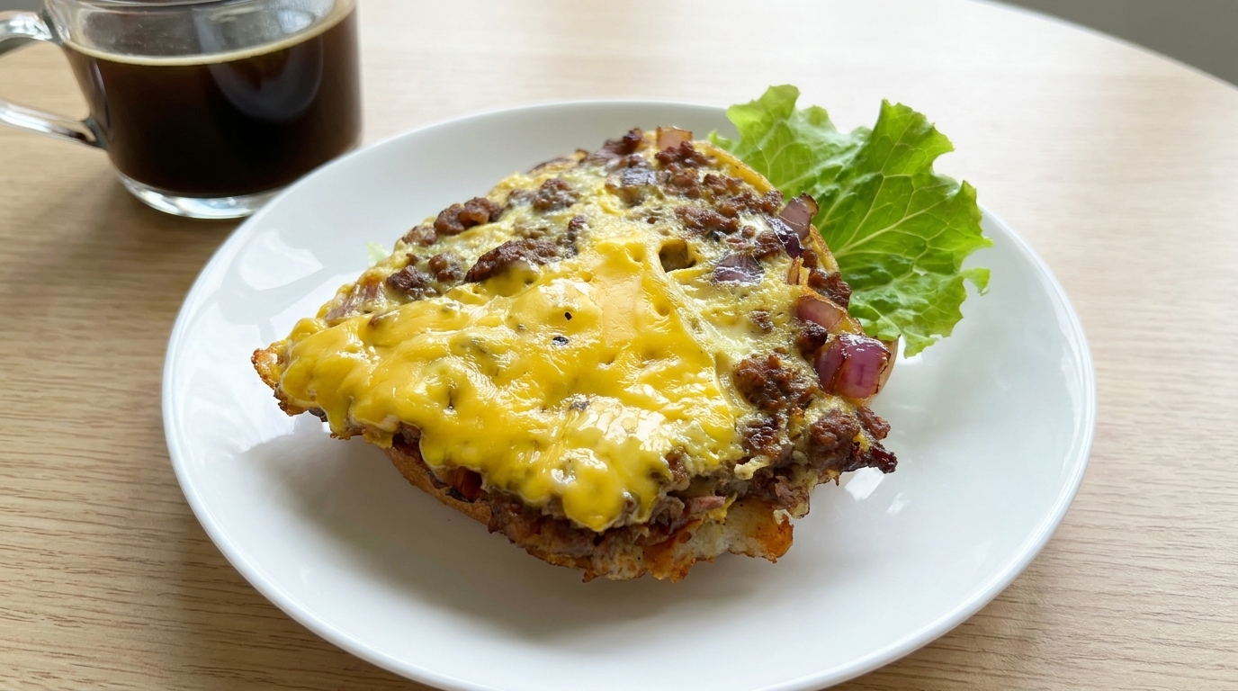 Ein köstliches, offenes Frühstückssandwich mit gewürztem Rinderhack, roten Zwiebeln und geschmolzenem Käse, serviert mit einer Beilage aus frischem Salat.