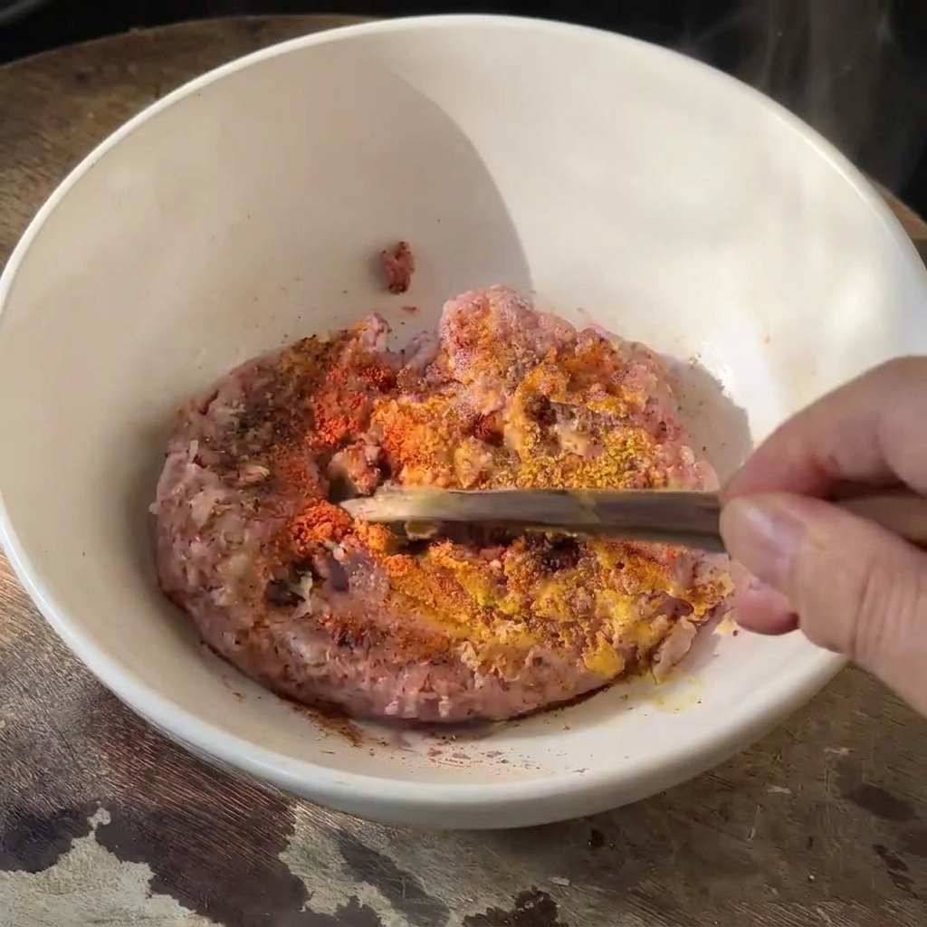 Rinderhackfleisch in einer weißen Schüssel wird mit Paprika und Gewürzen mithilfe von Stäbchen vermengt.
