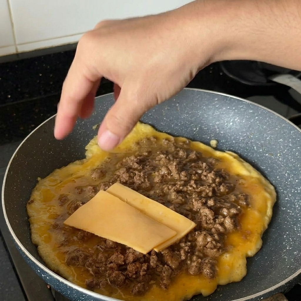 Eine Hand legt zwei Scheiben Cheddar auf die heiße Rindfleisch-Ei-Mischung in der Pfanne.