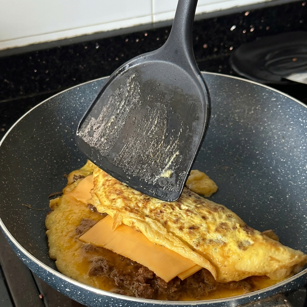 Ein Pfannenwender klappt ein goldbraunes Ei-Fleisch-Omelett in der Pfanne zusammen.