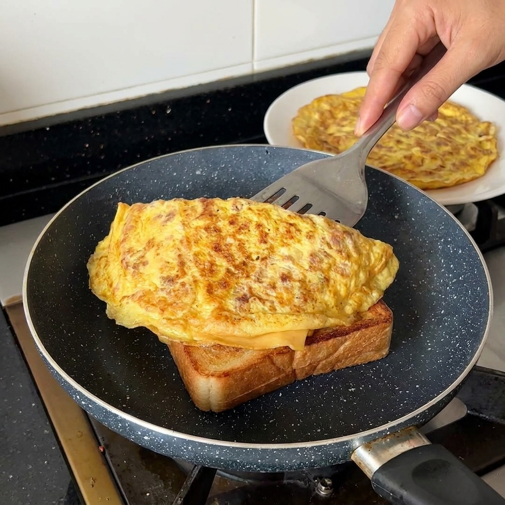 Ein Pfannenwender hebt ein gefaltetes Omelett auf eine Scheibe geröstetes Brot in einer Pfanne.