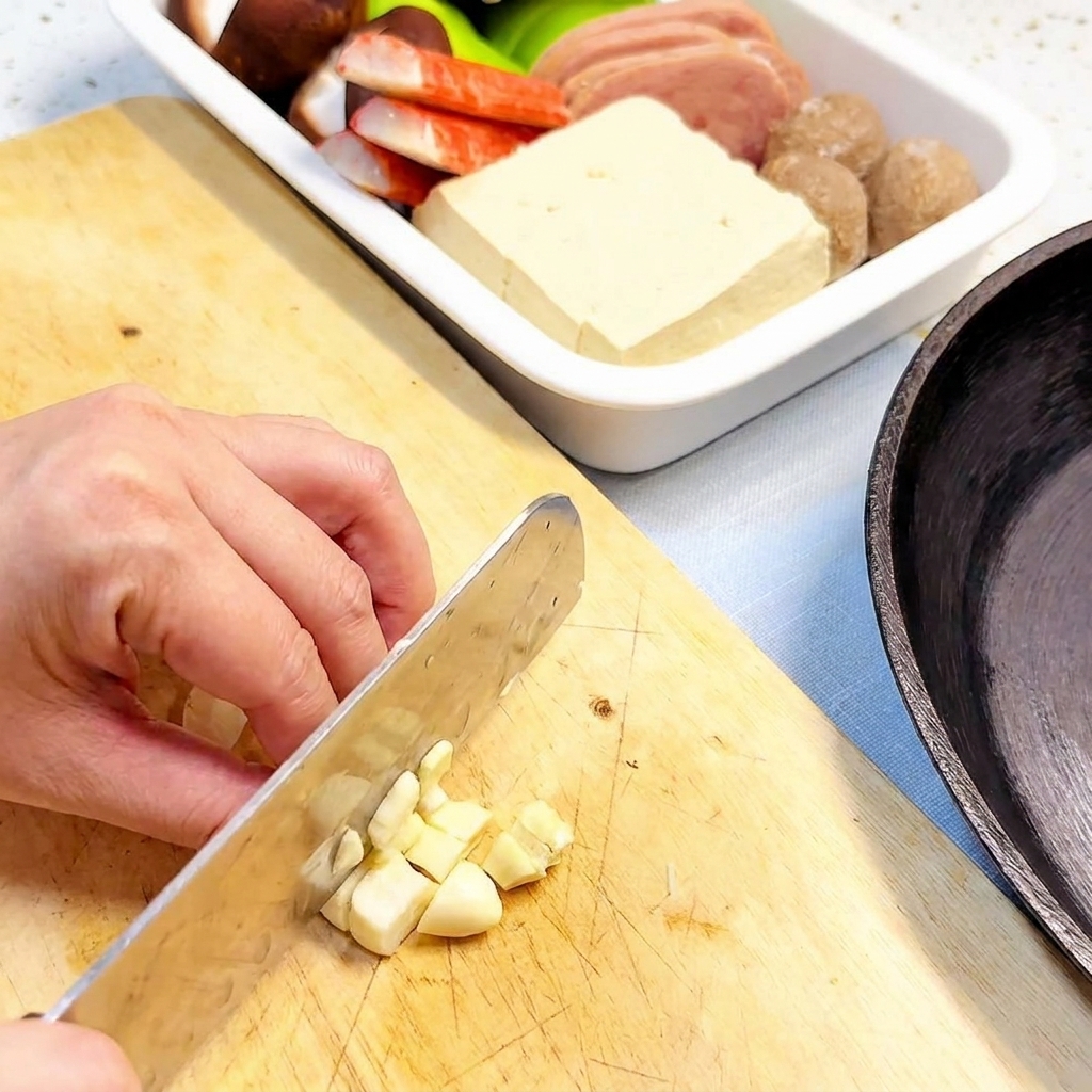 Gehackter Knoblauch, Frühlingszwiebeln und rote Zwiebeln bereit zum Anbraten.