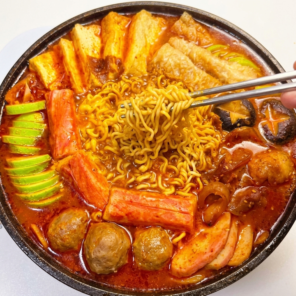 Tofu, Fischbällchen, Surimi und Zucchini sind kunstvoll auf dem Boden aus Aromaten im Topf arrangiert.