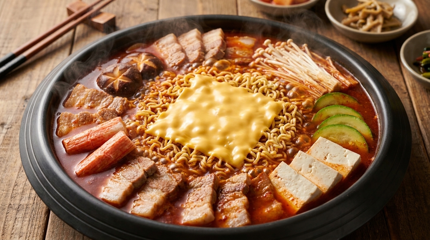 Ein dampfender Topf Koreanischer Armee-Eintopf, garniert mit Instantnudeln und geschmolzenem Käse, umgeben von leuchtendem Gemüse und Fleisch.