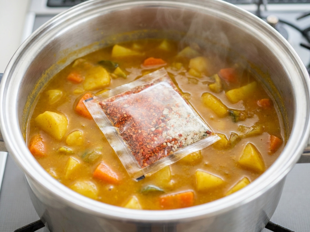 Ein Päckchen trockenes Ramen-Gewürzpulver wird in einen Topf mit köchelndem Kimchi-Eintopf geleert.