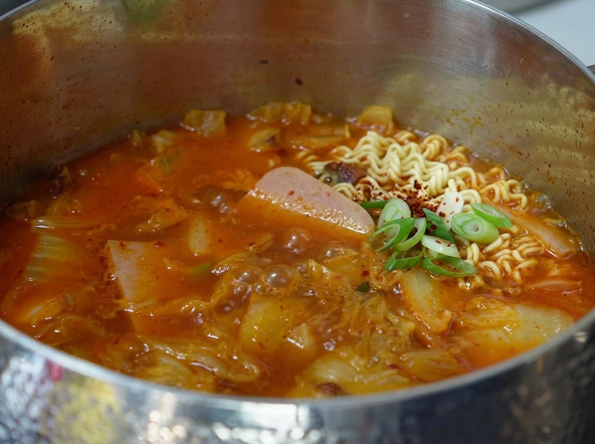 Zwei Blöcke trockene, wellige Ramen-Nudeln werden direkt in den sprudelnden, rot-scharfen Kimchi-Eintopf gelegt.
