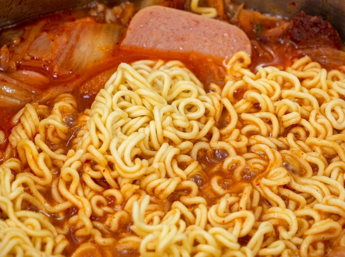 Nahaufnahme einer Zange, die weiche Ramen-Nudeln in einen leuchtend roten Kimchi-Wurst-Eintopf rührt.