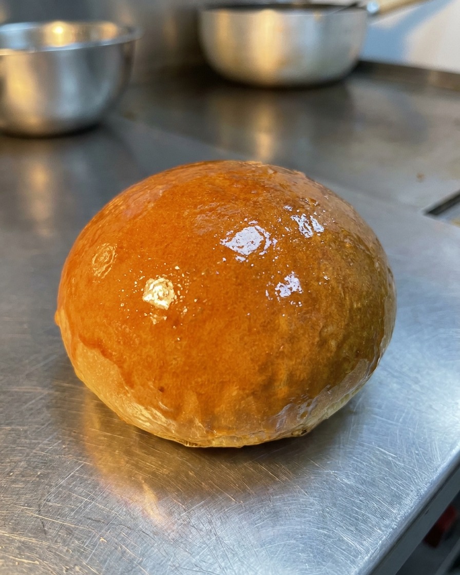 Ein aufgeschnittenes Burgerbrötchen wird auf einer Grillplatte getoastet und zeigt eine goldbraune, buttrige Oberfläche.