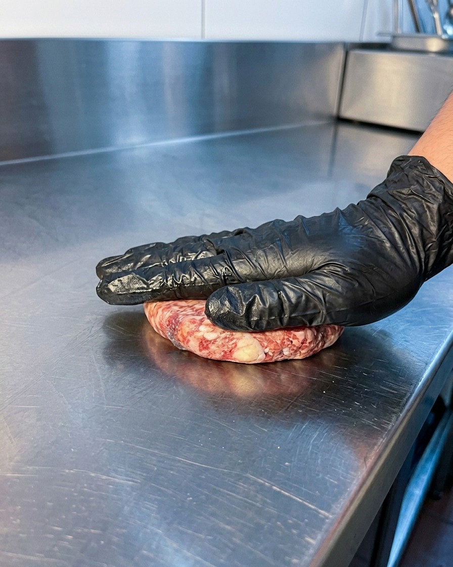 Eine behandschuhte Hand drückt ein rohes Rindfleisch-Patty auf eine heiße Edelstahl-Grillplatte.