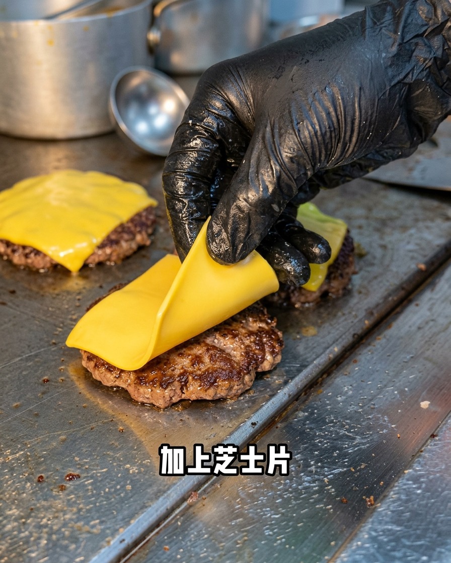 Eine Scheibe gelber Käse wird auf ein gebratenes Rindfleisch-Patty gelegt, das auf der Grillplatte zischt.