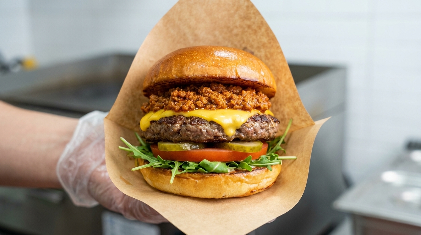 Ein Gourmet-Burger mit würziger Fleischsauce, perfekt gebratenem Patty, geschmolzenem Käse und frischen, lebendigen Zutaten.