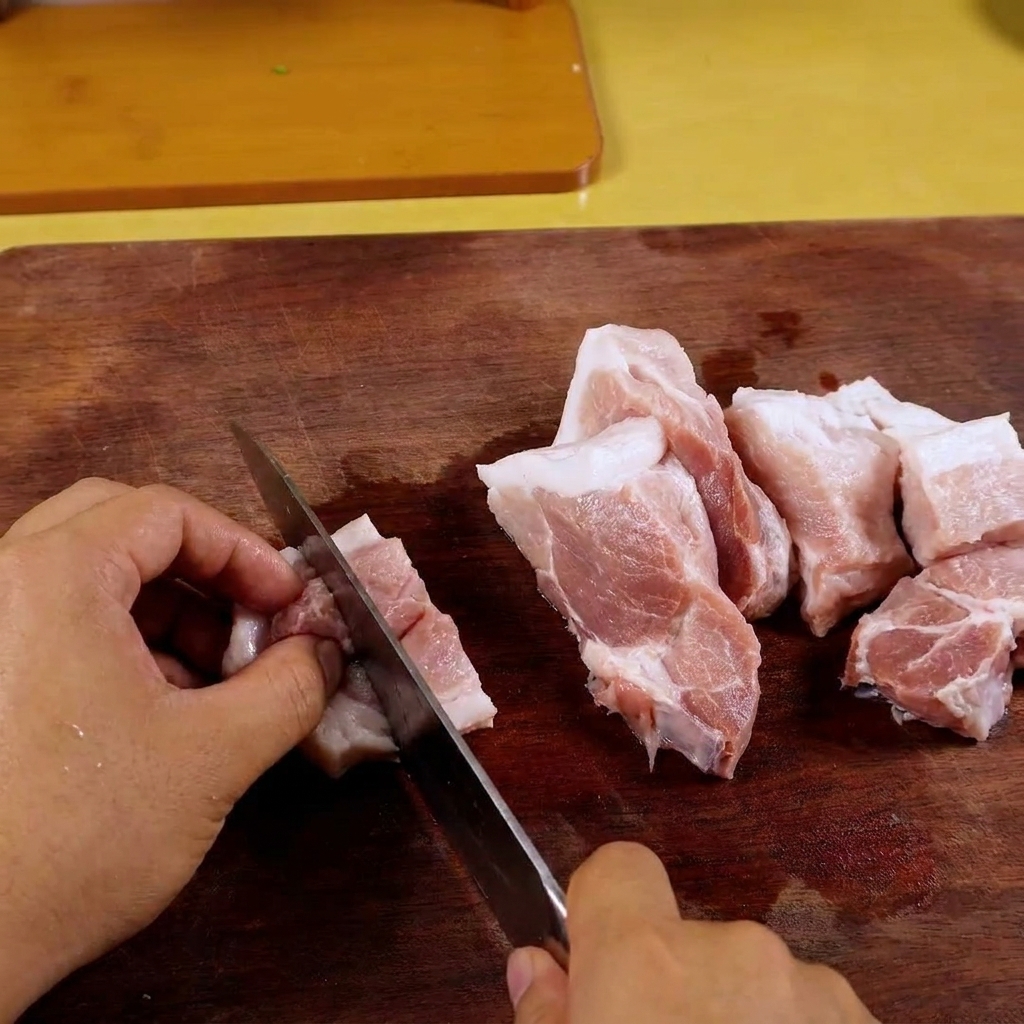 Fein gehacktes rohes Schweinefleisch in einer Küchenmaschine.