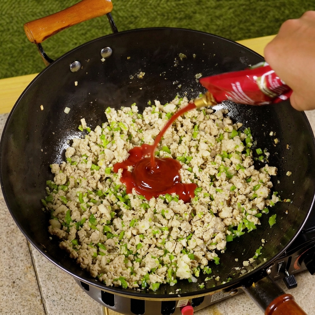 Tomatenmark und Gewürze werden in die Pfanne mit Fleisch und Chili gegeben.