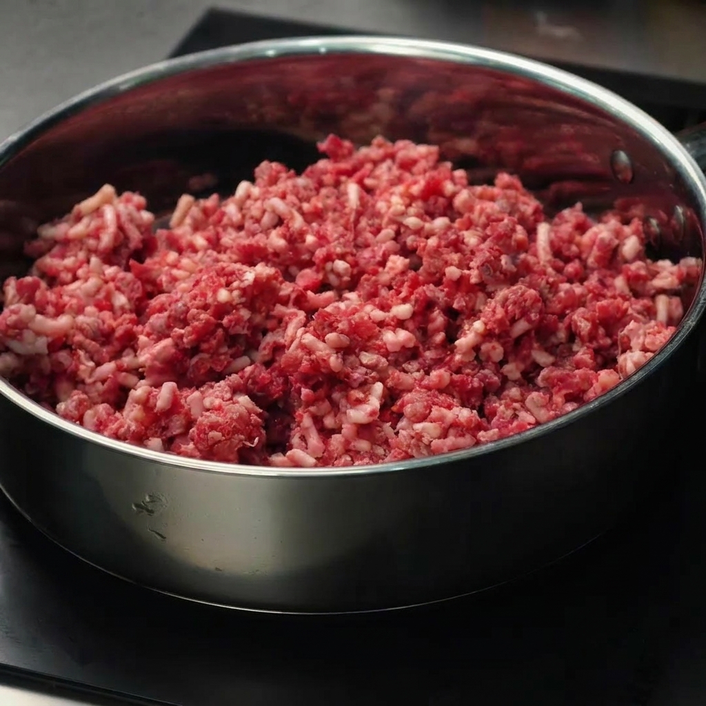 Rinderhackfleisch wird in einer Pfanne gerührt, bis es gebräunt und durchgegart ist.