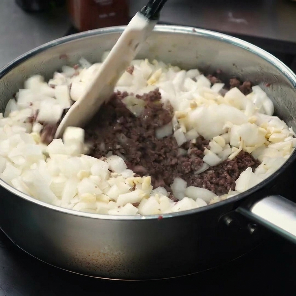 Rinderhackfleisch und Zwiebelwürfel werden zusammen in einer Pfanne angebraten.