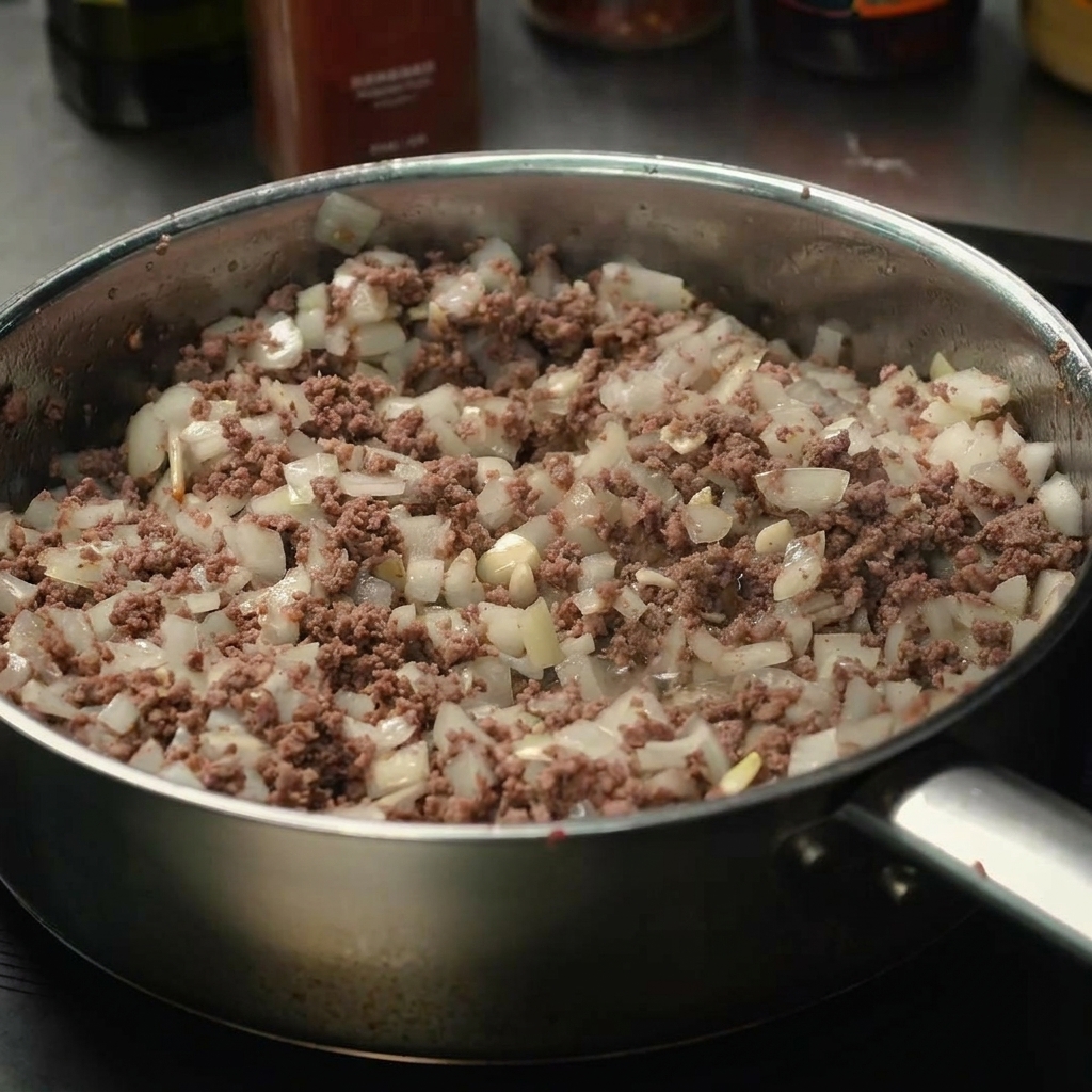 Ketchup wird in die Pfanne zur Fleisch-Zwiebel-Mischung gegeben.