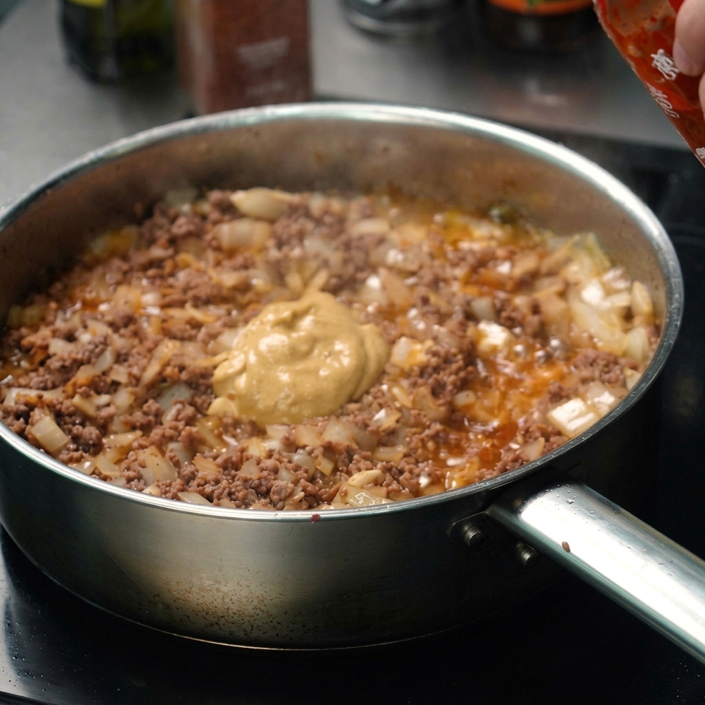 Sriracha-Sauce wird über die kochende Fleisch-Zwiebel-Mischung gegeben.