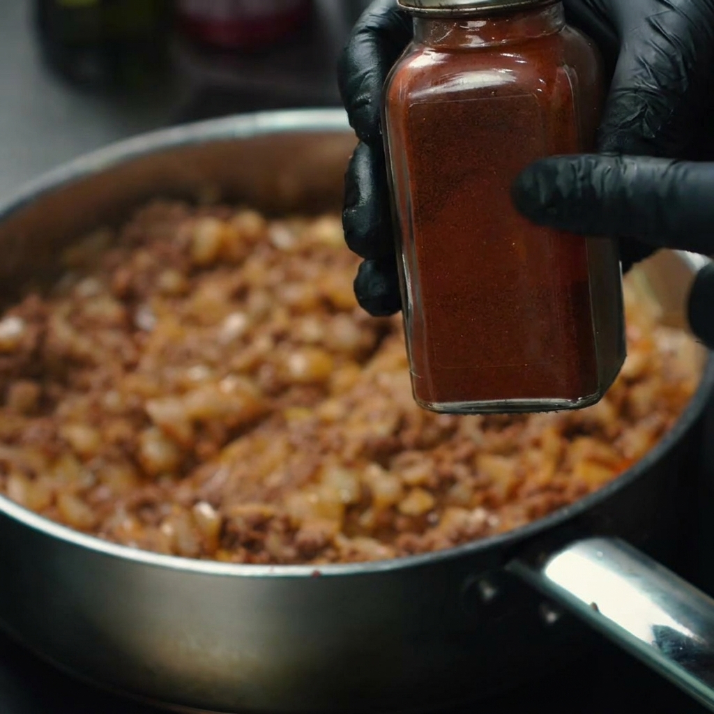 Chipotle-Chilipulver wird über das Fleisch in der Pfanne gestreut.