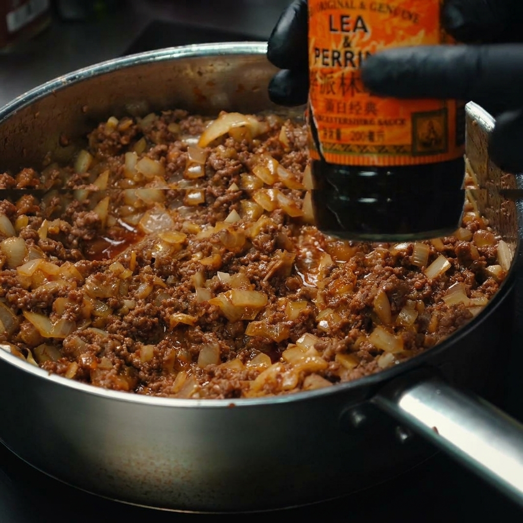 Worcestershire-Sauce wird in die Pfanne zum gewürzten Rinderhackfleisch gegossen.