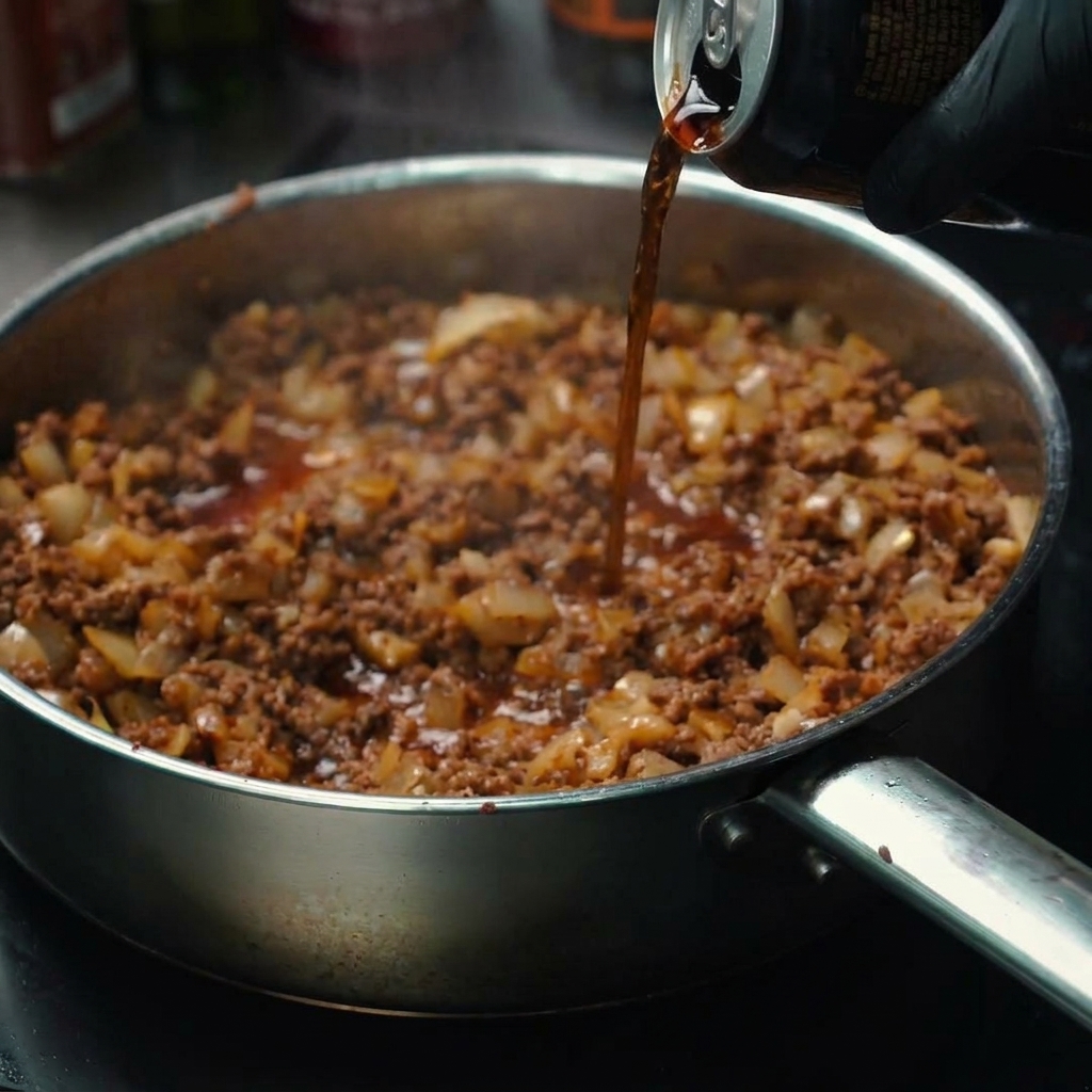 Dunkles Bier wird aus einer Dose in die Pfanne zum gewürzten Rinderhackfleisch gegossen.