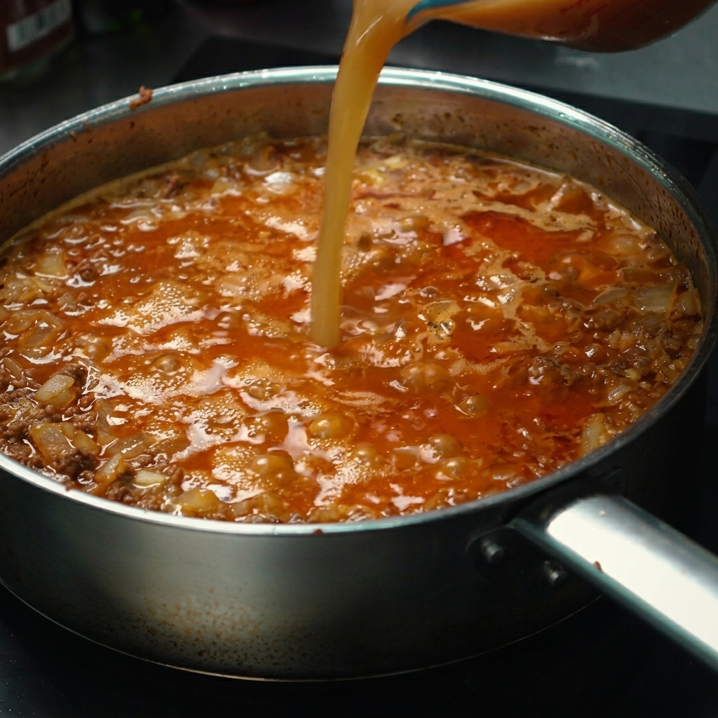 Rinderbrühe wird in die Pfanne gegossen, bereit zum Schmoren mit Fleisch und Gewürzen.