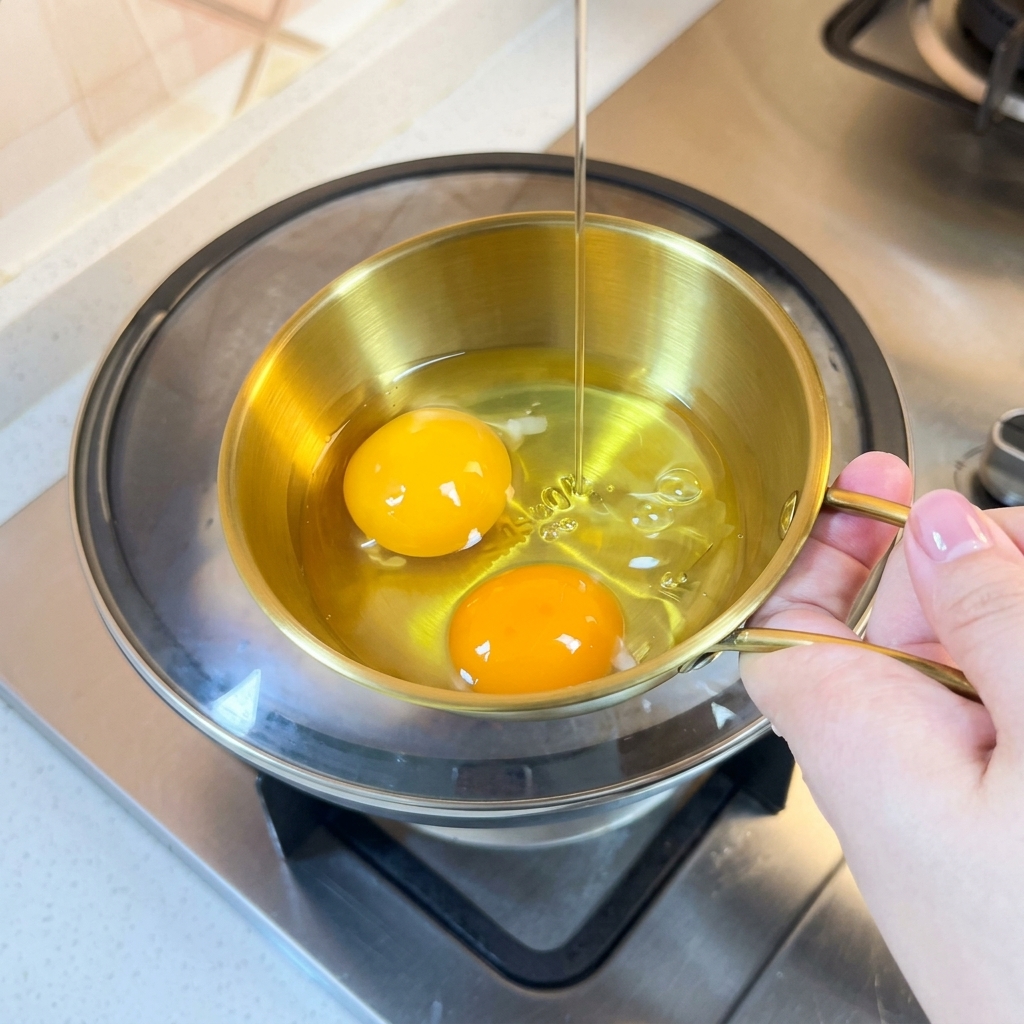 Zwei Eier, die in einer goldfarbenen Metallschüssel verquirlt werden.