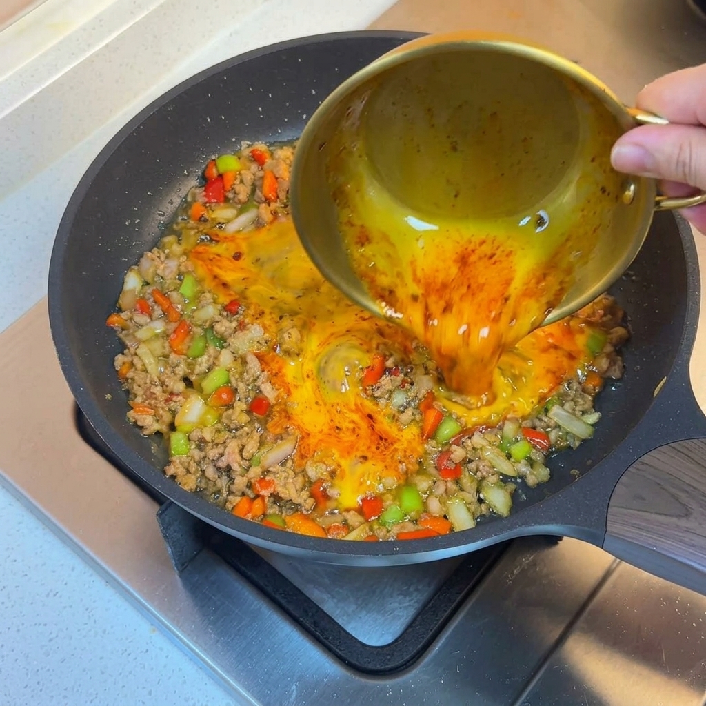 Verquirlte Eier über die Fleisch-Gemüse-Mischung in der Pfanne gegossen.